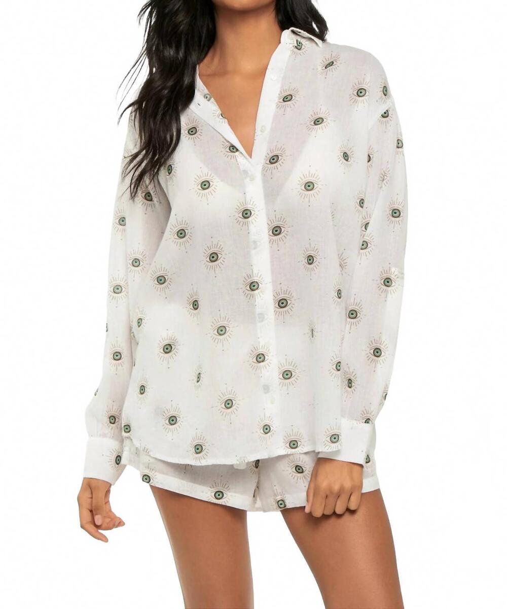 NEW ELAN women's evil eye button down top in white